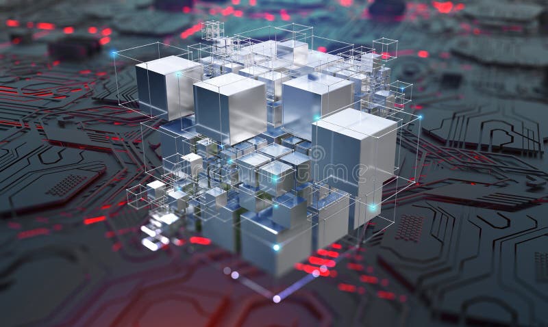 Cyberspace of digital technologies. Hypercube und Blockchain-Konzept. räumliches Portal kodierter Daten lizenzfreie abbildung