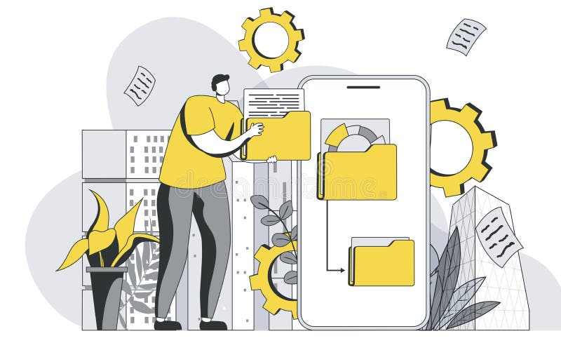 Cyberspace management concept with outline people scene. vector illustration