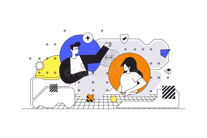 Cyberspace management web concept in flat outline design with characters vector illustration