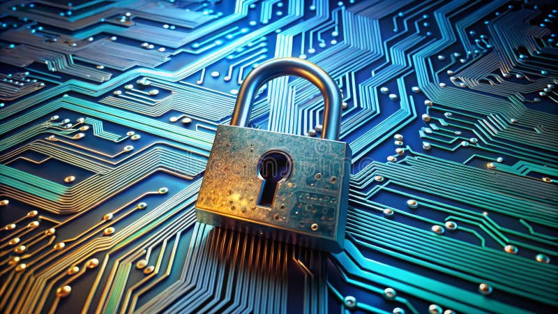 Cybersäkerhetspadlock på kretskort royaltyfri illustrationer
