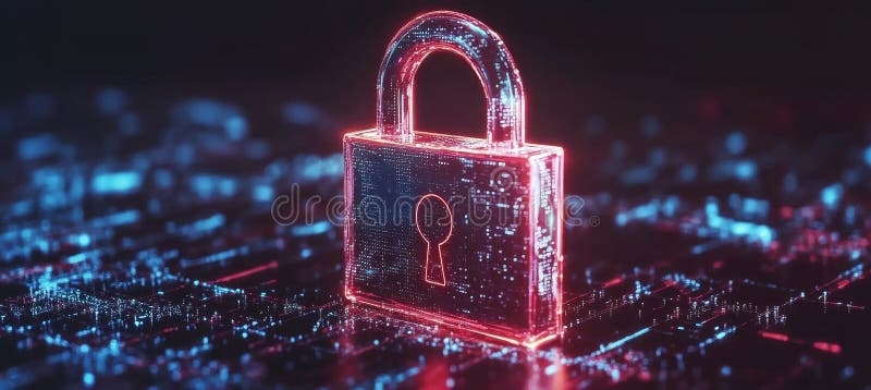 Cybersäkerhetspadlock som skyddar virtuella nätverk och digitala data i en teknikdriven framtid royaltyfri illustrationer