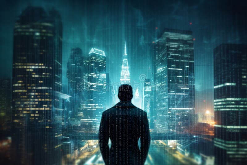 cybersecurity concept. Futuristic double exposure. Unknown man and city overlayed with data. High quality photo AI generated. cybersecurity concept. Futuristic double exposure. Unknown man and city overlayed with data. High quality photo AI generated