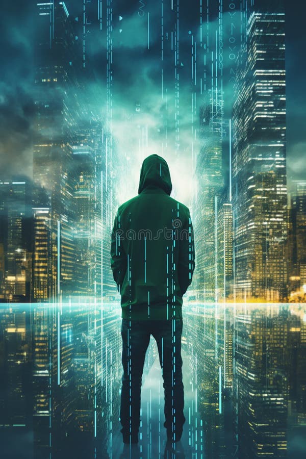 cybersecurity concept. Futuristic double exposure. Unknown man and city overlayed with data. High quality photo AI generated. cybersecurity concept. Futuristic double exposure. Unknown man and city overlayed with data. High quality photo AI generated