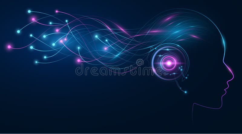 Cyborg with artificial intelligence analyzes information with neural networks. Cybernetic sci-fi concept. Glowing neural connectors from the head of the robot. Vector illustration. EPS 10
