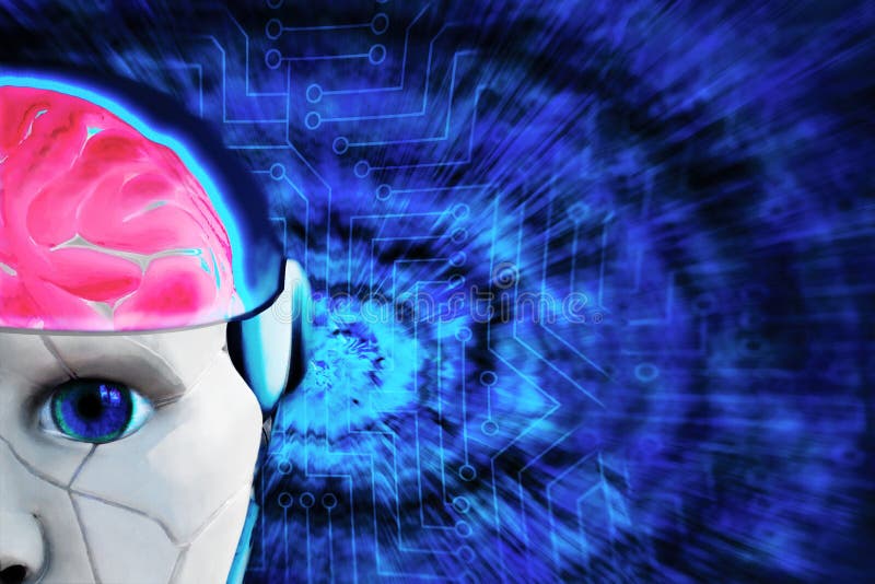 Cyborg artificial intelligence concept illustration. Closeup of robot head with human like brain and eye on abstract futuristic royalty free illustration Cyborg artificial intelligence concept illustration. Closeup of robot head with human like brain and eye on abstract futuristic royalty free illustration