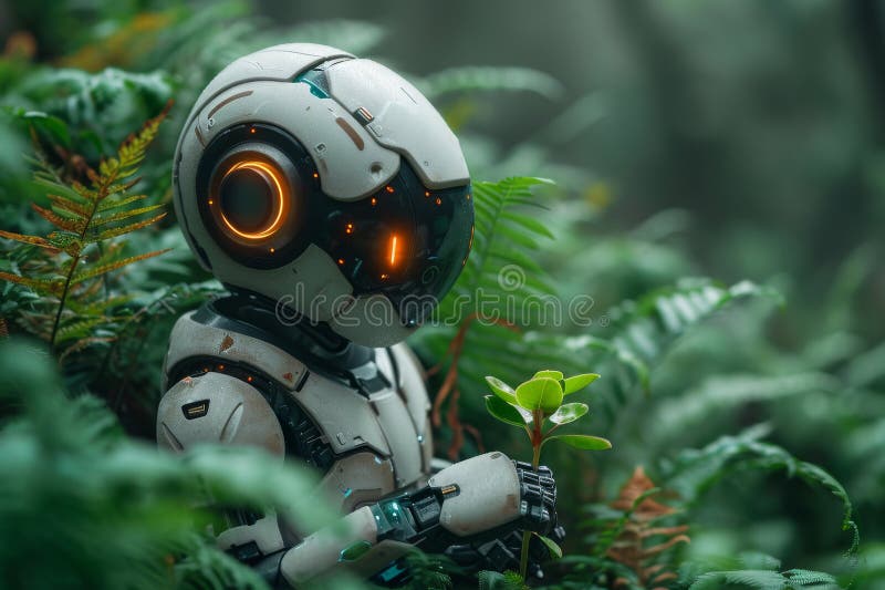 Cyborg in forest holding plant. A robot looking at the green sprout. AI generated. Cyborg in forest holding plant. A robot looking at the green sprout. AI generated