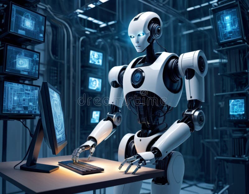 Cyborg Entity Analyzing Data in Server Room stock photography