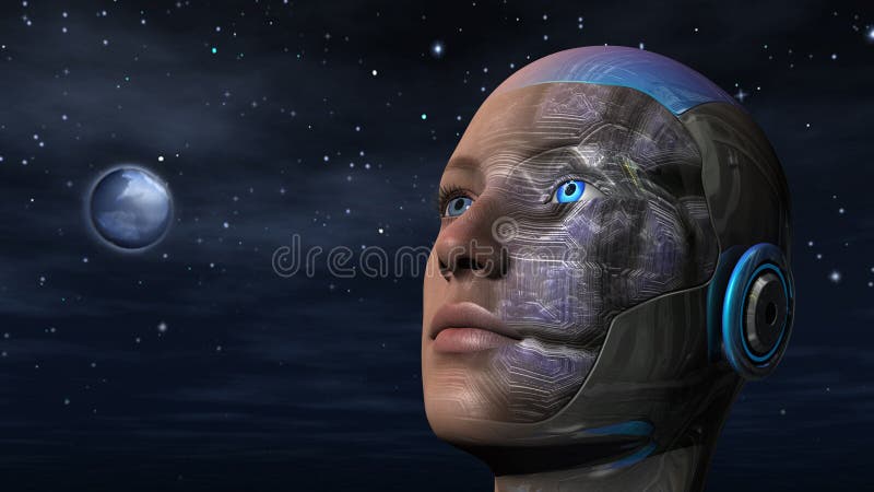 Cyborg woman with night sky background. Cyborg woman with night sky background