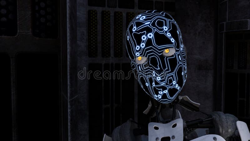 Cyborg futurista na sala escura ilustração stock Cyborg futurista na sala escura ilustração stock