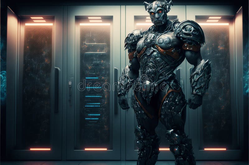 A cyborg guarding a data center server room royalty free illustration