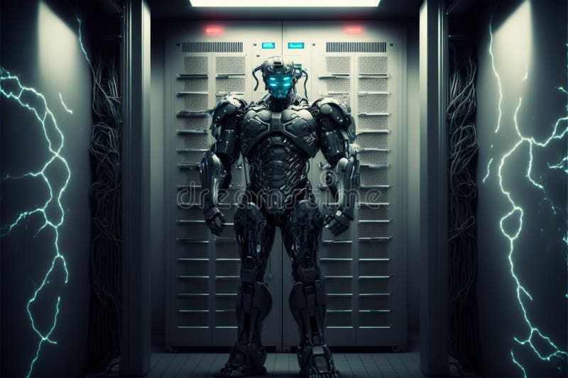 A cyborg guarding a data center server room vector illustration