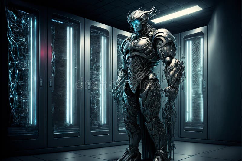 A cyborg guarding a data center server room royalty free illustration