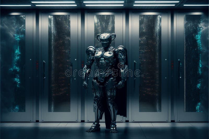A cyborg guarding a data center server room stock illustration