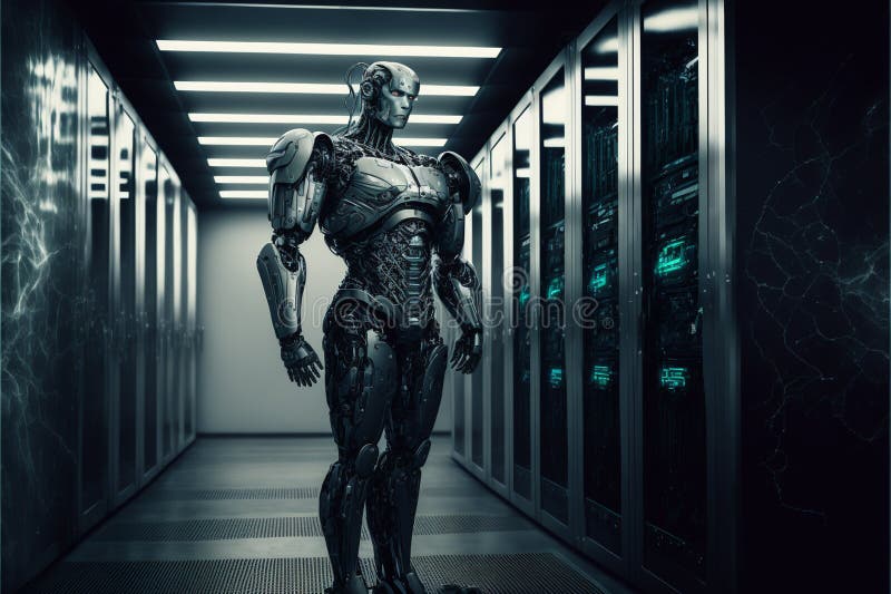 A cyborg guarding a data center server room vector illustration