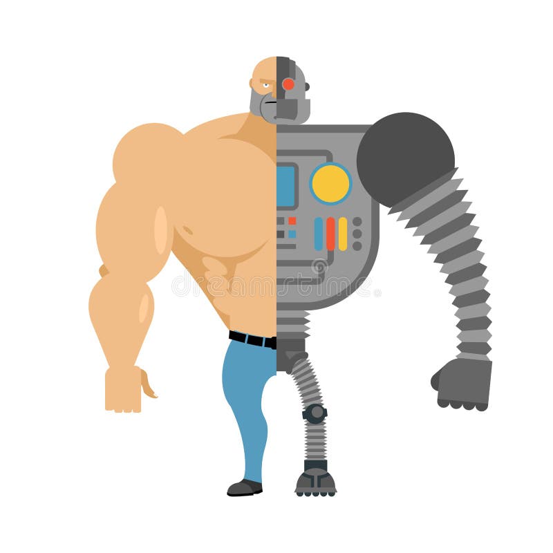 cyborg Halb menschlicher halber Roboter Mann mit den großen Muskeln und Eisen Lim