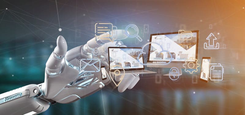 Cyborg hand holding a Devices connected to a cloud multimedia ne stock photos
