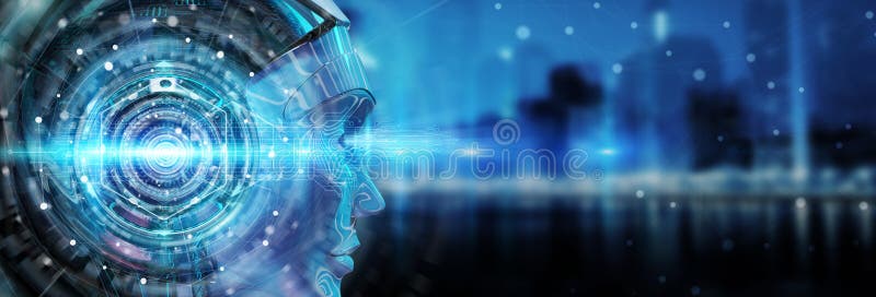 Cyborg head using artificial intelligence to create digital interface 3D rendering vector illustration