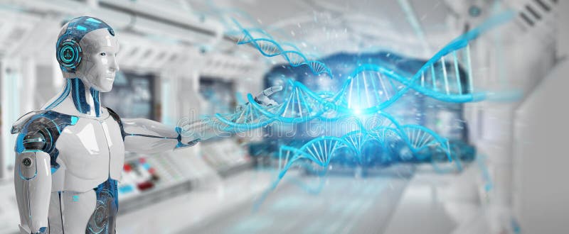 Cyborg maschio bianco che esplora la rappresentazione umana del DNA 3D illustrazione vettoriale Cyborg maschio bianco che esplora la rappresentazione umana del DNA 3D illustrazione vettoriale