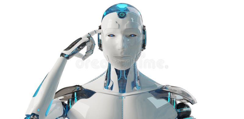 Cyborg masculino blanco que piensa y que toca su representación de la cabeza 3D stock de ilustración Cyborg masculino blanco que piensa y que toca su representación de la cabeza 3D stock de ilustración