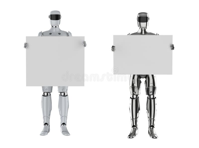Cyborg oder Roboter der künstlichen Intelligenz mit weißem leerem Papier. Cyborg oder Roboter der künstlichen Intelligenz der Reproduktion 3d mit dem weißen leeren Papier isoliert auf Weiß