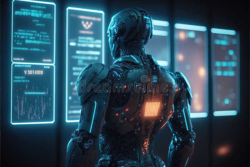 Cyborg Robot Looks at Control Panel of Security System, View from the ...