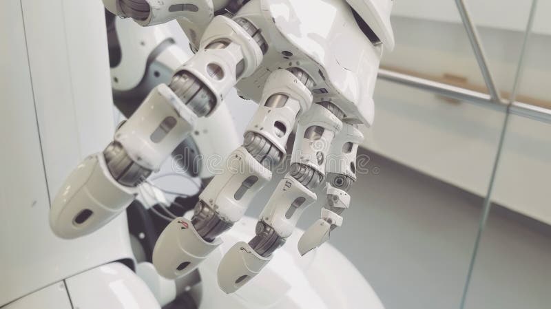 Cyborg robot, vit hand, teknik för artificiell intelligens. futuristisk android. ai genererad arkivbild