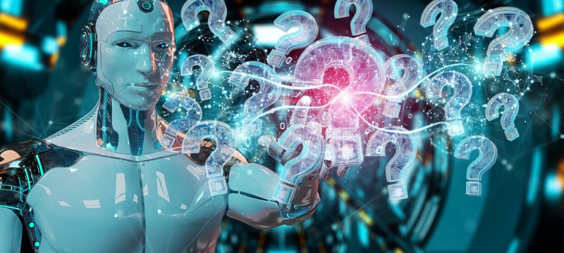 Cyborg rozwiązuje problem z cyfrowym znaków zapytania 3D renderingiem ilustracja wektor Cyborg rozwiązuje problem z cyfrowym znaków zapytania 3D renderingiem ilustracja wektor