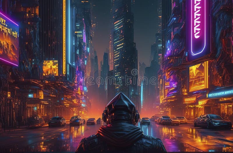 Cyborg σε μια αλματωμένη κυβερνοπόλη κυβερνοπανκ πόλη εικονογράφηση γεννητική ai διανυσματική απεικόνιση