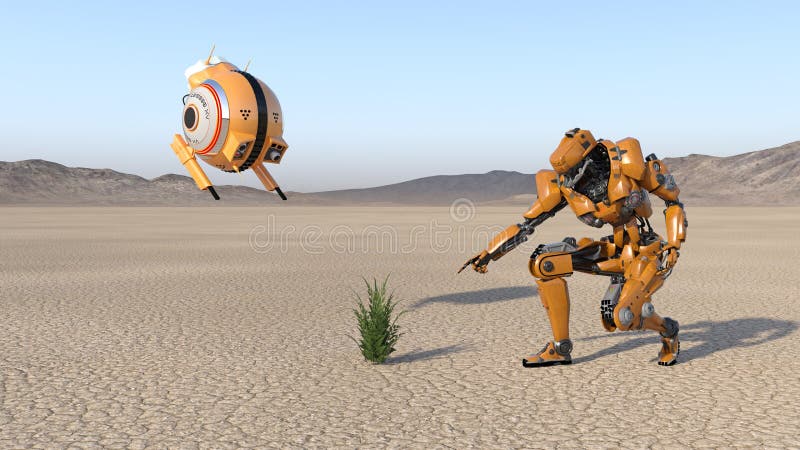 Cyborgarbeitskraft mit dem Fliegenbrummen, das eine Anlage, Humanoidroboter mit Überwachungsflugzeugen verlassenen Planeten, Mech lizenzfreie abbildung Cyborgarbeitskraft mit dem Fliegenbrummen, das eine Anlage, Humanoidroboter mit Überwachungsflugzeugen verlassenen Planeten, Mech lizenzfreie abbildung