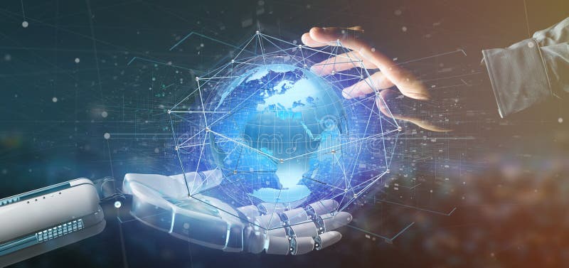 View of a Cyborg hand holding a Connected network over a earth globe concept on a futuristic interface - 3d rendering. View of a Cyborg hand holding a Connected network over a earth globe concept on a futuristic interface - 3d rendering