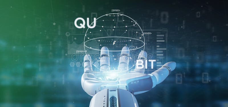 Cyborghand, die Quantums-Datenverarbeitungskonzept mit Wiedergabe der Qubitikone 3d hält stockfotografie