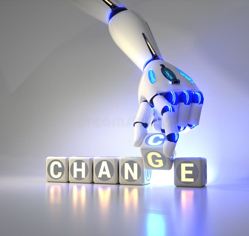 Cyborgroboter-Handänderungen simsen Würfel von der Änderung, um - ai-Konzept zu riskieren