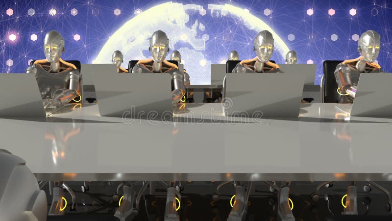 Cyborgs of the future work in sci-fi office on computers. 3D Rendering. royalty free illustration Cyborgs of the future work in sci-fi office on computers. 3D Rendering. royalty free illustration