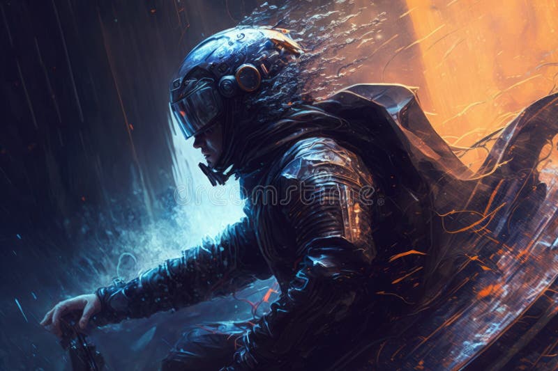 Cyborgs navegando por el mundo virtual con sus mentes afiche de arte digital generación ai stock de ilustración
