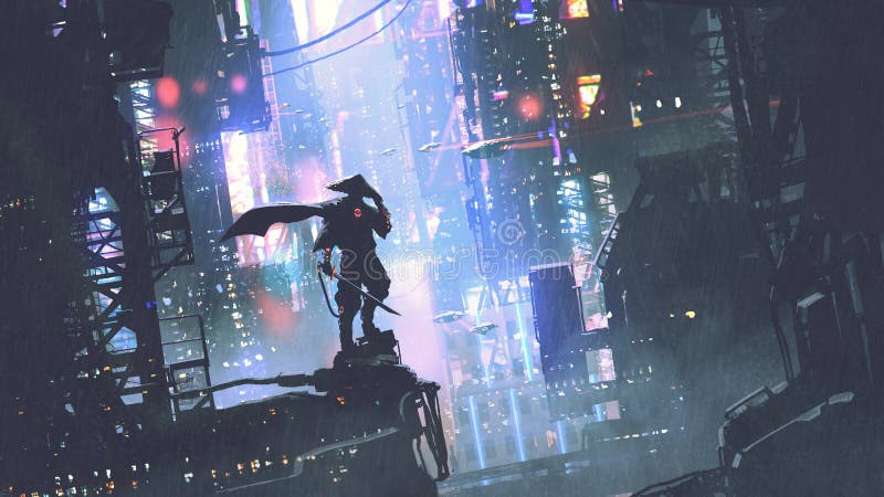 Futuristic samurai standing on a building in cyberpunk city at rainy night, digital art style, illustration painting. Futuristic samurai standing on a building in cyberpunk city at rainy night, digital art style, illustration painting