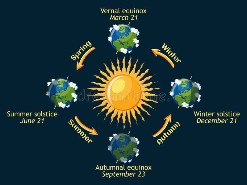 Cycle of Earth seasons of the year. Autumnal and vernal equinox, summer and winter solstice.