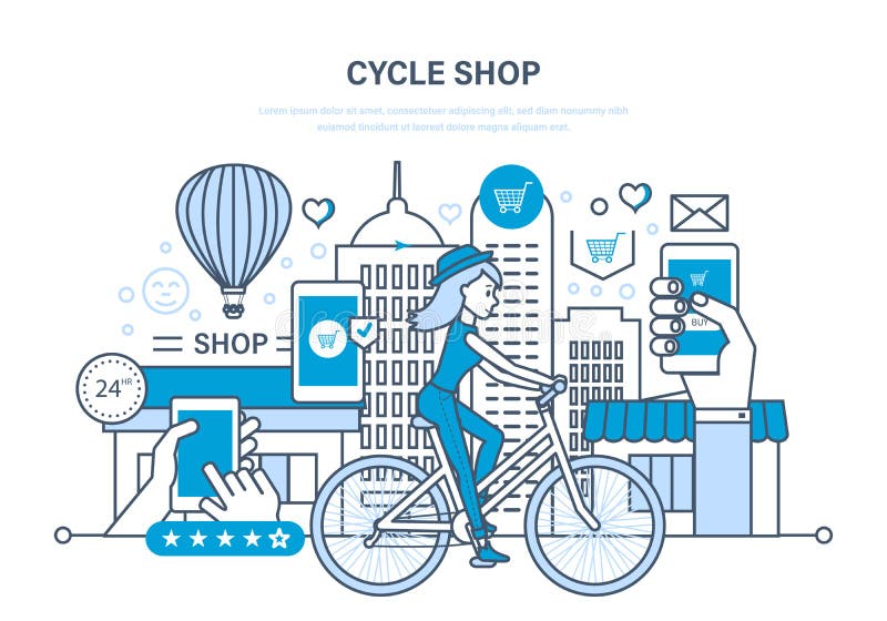 Cycle shop. Purchasing goods, ordering, payment, delivery, rating of goods.