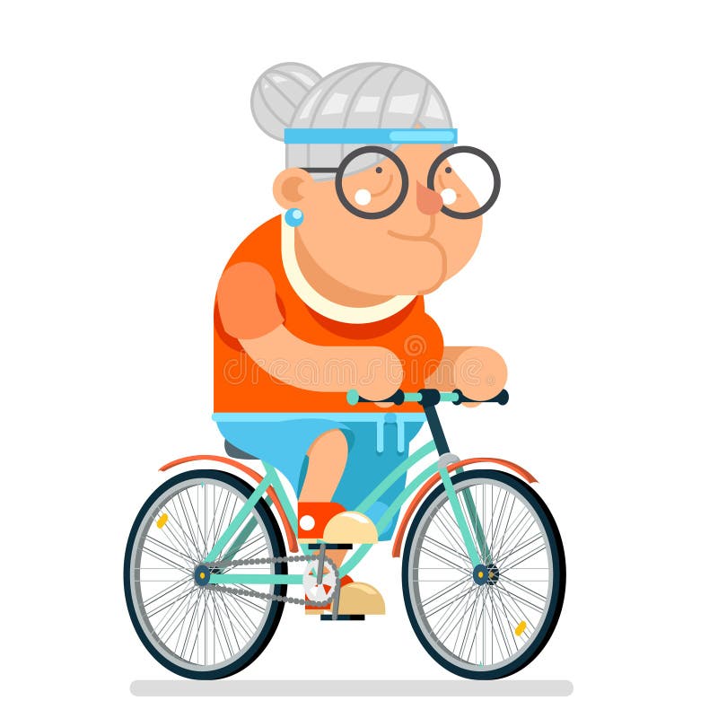 Cycling Fitness Granny Adult Healthy Activitie Ride Bicycle Old Age Woman Character Cartoon Flat Design Vector
