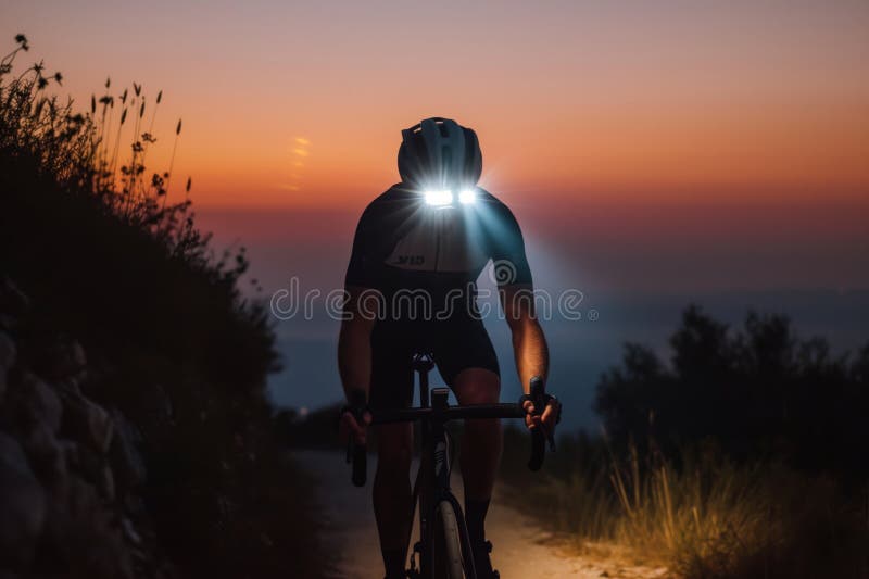 Cyclist Fitted with Headlamp on Twilight