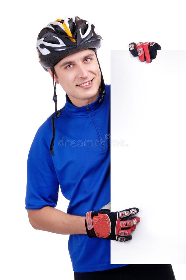 Cyclist holding a blank sign