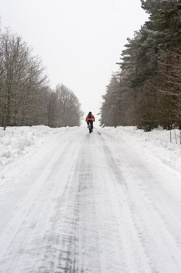 Cyclist on remote snowy road through trees. Cyclist riding on remote snow covered road going into the distance through trees royalty free stock photos Cyclist on remote snowy road through trees. Cyclist riding on remote snow covered road going into the distance through trees royalty free stock photos