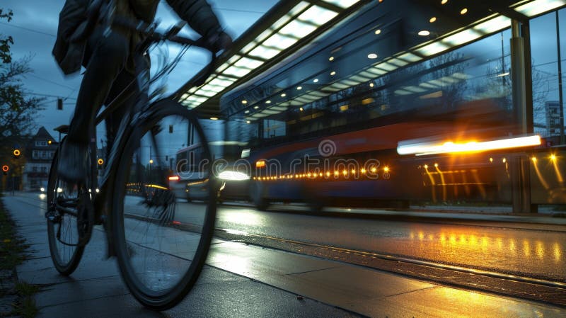 A cyclist riding by the solarpowered bus stop using the energyefficient LED lights for navigation. AI generated