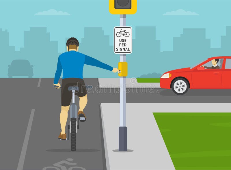 Cyclist stops and pushes the pedestrian signal button at intersection. Back view. vector illustration