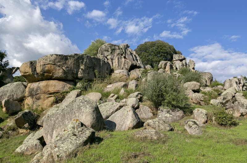 Cyclopean masonry and menhirs on the hills of Filitosa, Southern Corsica