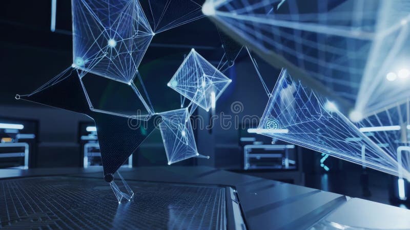 Cyfrowa animacja pleksowa obracająca się wewnątrz zaawansowanej serwerowni, ujawniająca skomplikowane połączenia sieciowe z techni ilustracja wektor