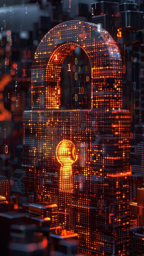 Cyfrowa blokada z binarnym kodem nakładającym futurystyczną koncepcję cyberbezpieczeństwa obraz stock