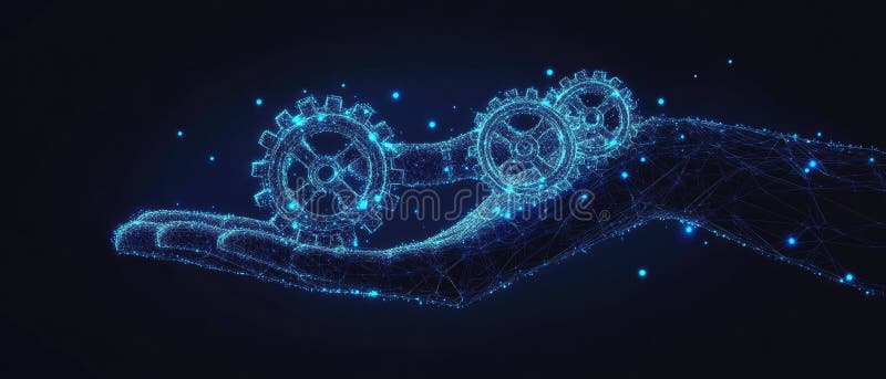 CYFROWA DŁOŃ TRZYMAJĄCA ŚWIECĄCE KOŁA ZĘBATE ilustracja wektor