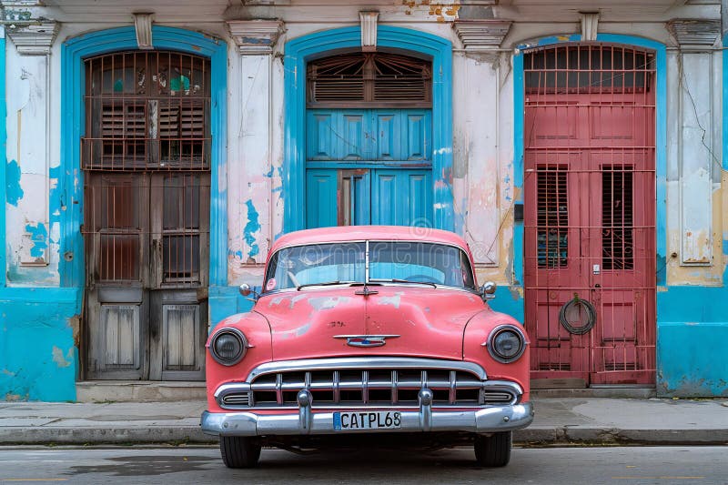 Cyfrowa grafika zdjęcia starego różowego samochodu przed niebieskim i białym budynkiem w havana cuba. royalty ilustracja