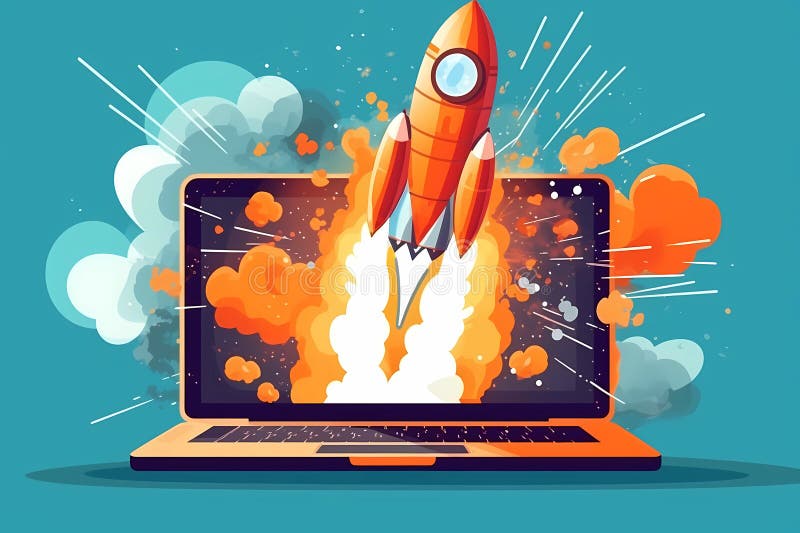 Cyfrowa ilustracja futurystyczny laptop technologia startu rakieta koncepcja startowa sztuka innowacyjny projekt komputera i statk royalty ilustracja