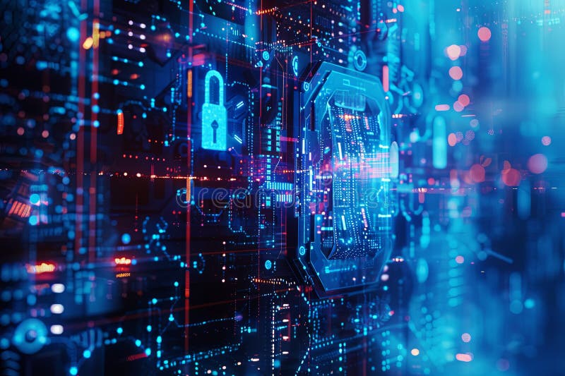 Cyfrowa ilustracja przedstawiająca futurystyczny system cyberbezpieczeństwa z algorytmami ai chroniącymi cyfrowe osłony blokad zdjęcia stock